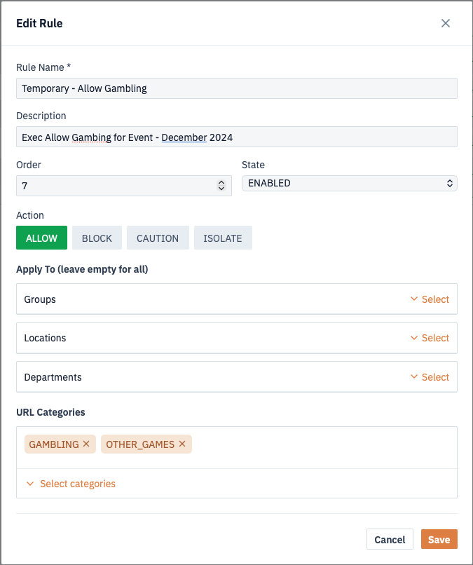 A temporary allow rule, still enabled: Temporary - Allow Gambling