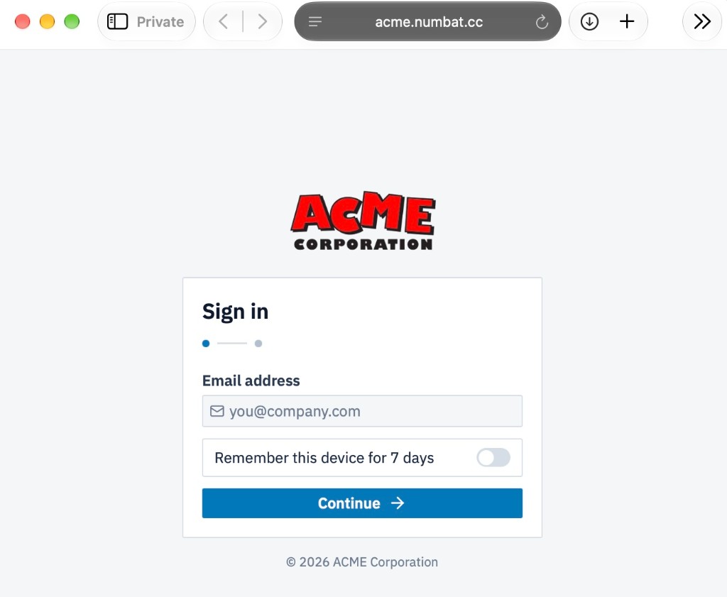 A customer sign-in page on acme.numbat.cc, branded ACME Corporation